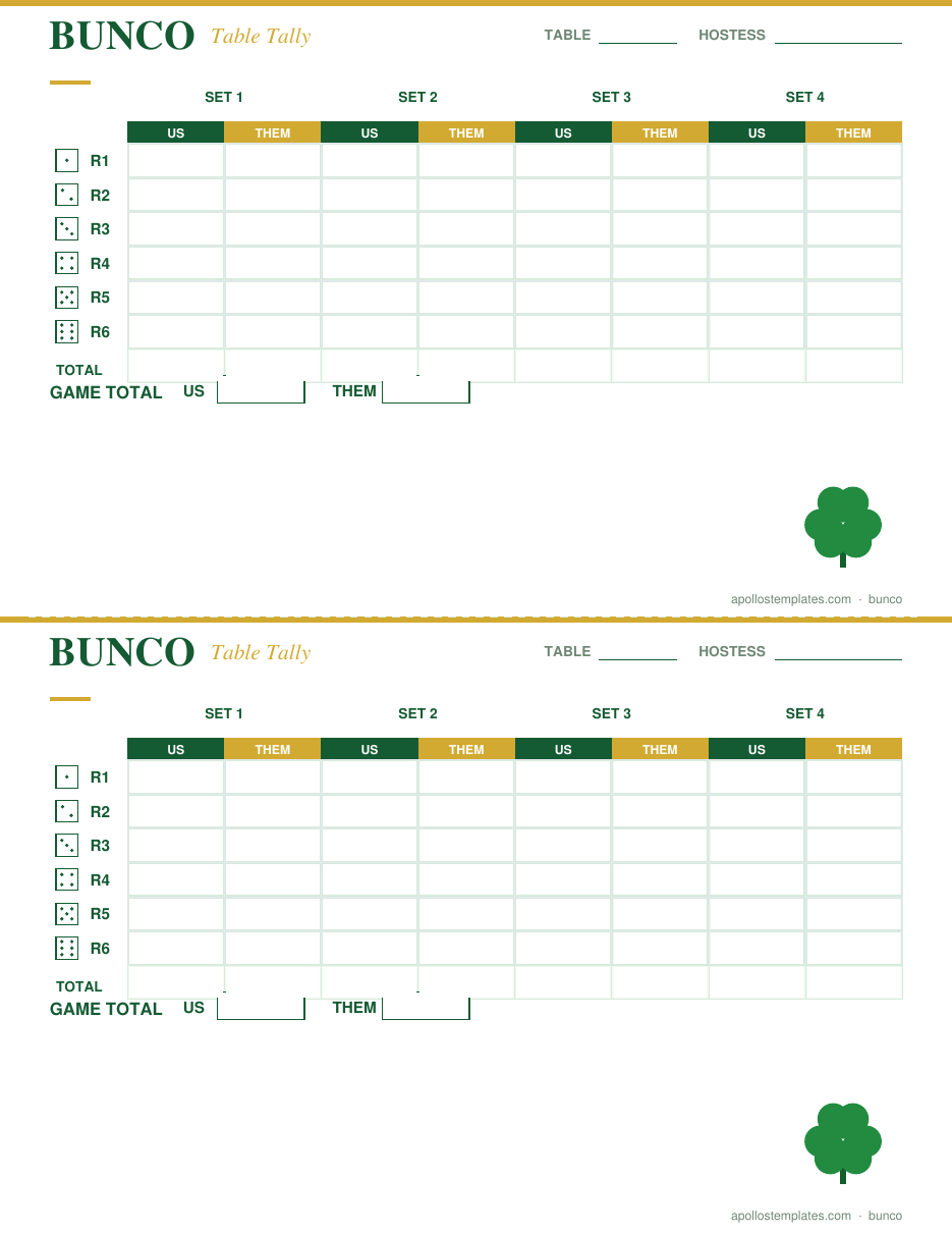 St. Patrick's Day bunco Us vs Them table tally, two per page, four sets by six rounds with set totals and a game total band, printed in emerald green and gold with a shamrock motif