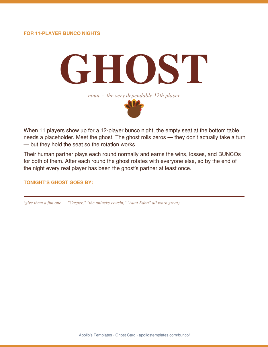 Thanksgiving bunco GHOST card for the empty seat on an 11-player night, with a write-on line for the ghost's name, printed in cranberry brown and harvest gold with a turkey motif