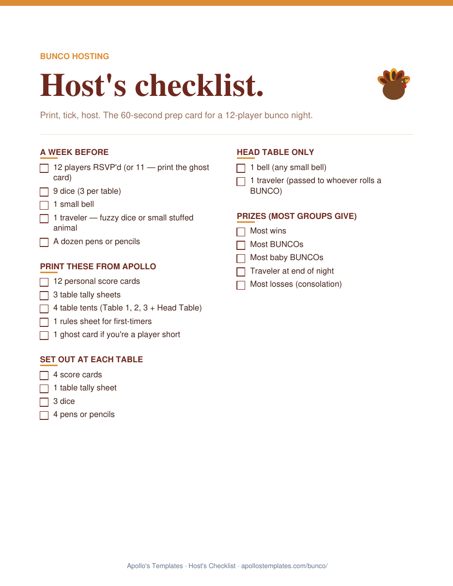 Thanksgiving bunco two-column host's checklist: a week before, print these, set out at each table, head table only, prizes, printed in cranberry brown and harvest gold with a turkey motif