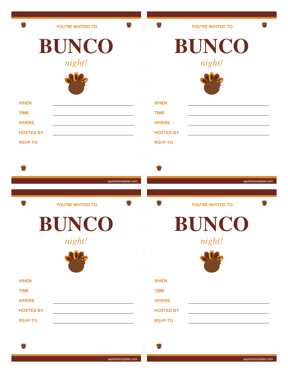 Thanksgiving bunco fill-in party invitations, four per page, with WHEN, TIME, WHERE, HOSTED BY and RSVP lines, printed in cranberry brown and harvest gold with a turkey motif