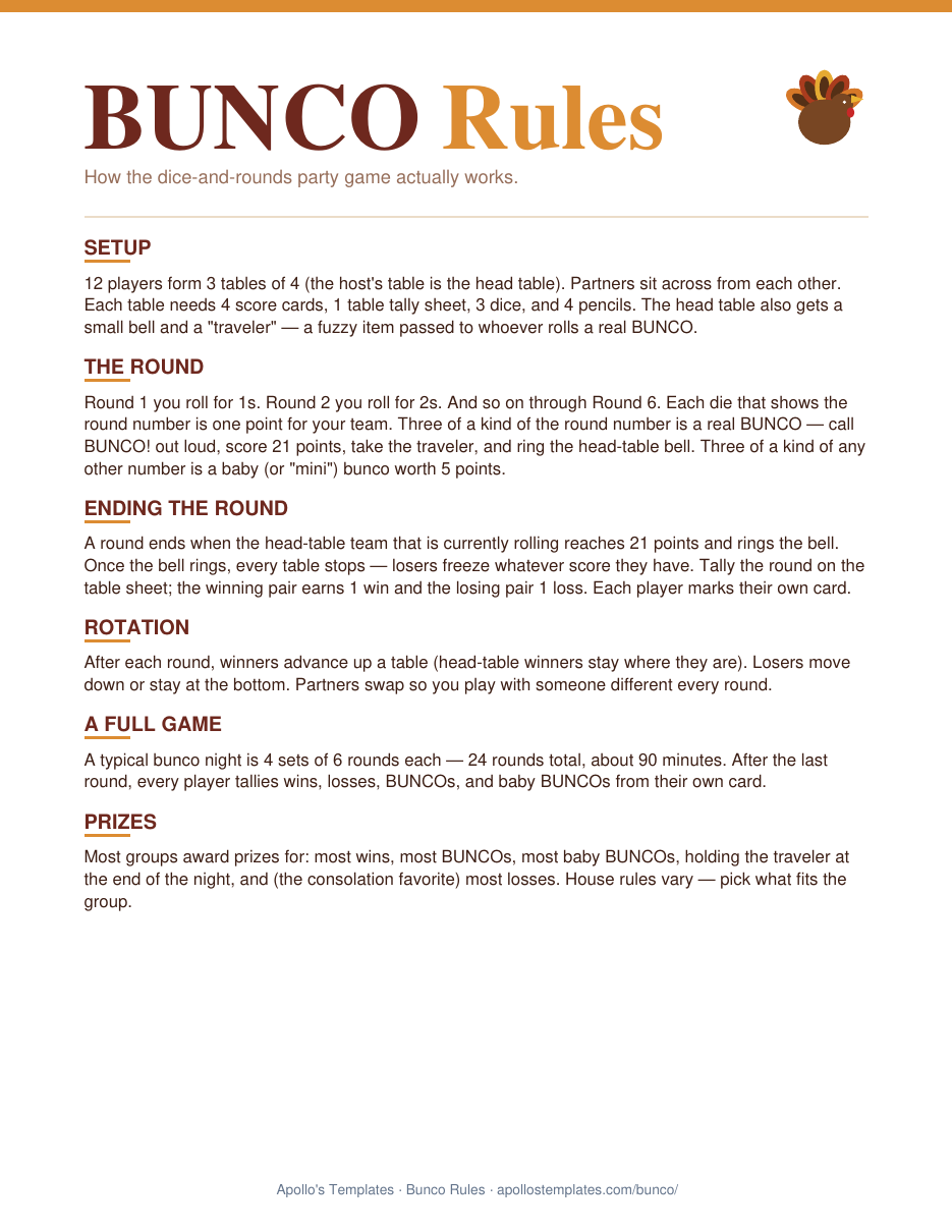 Thanksgiving bunco one-page rules sheet with six sections: setup, the round, ending the round, rotation, a full game and prizes, printed in cranberry brown and harvest gold with a turkey motif