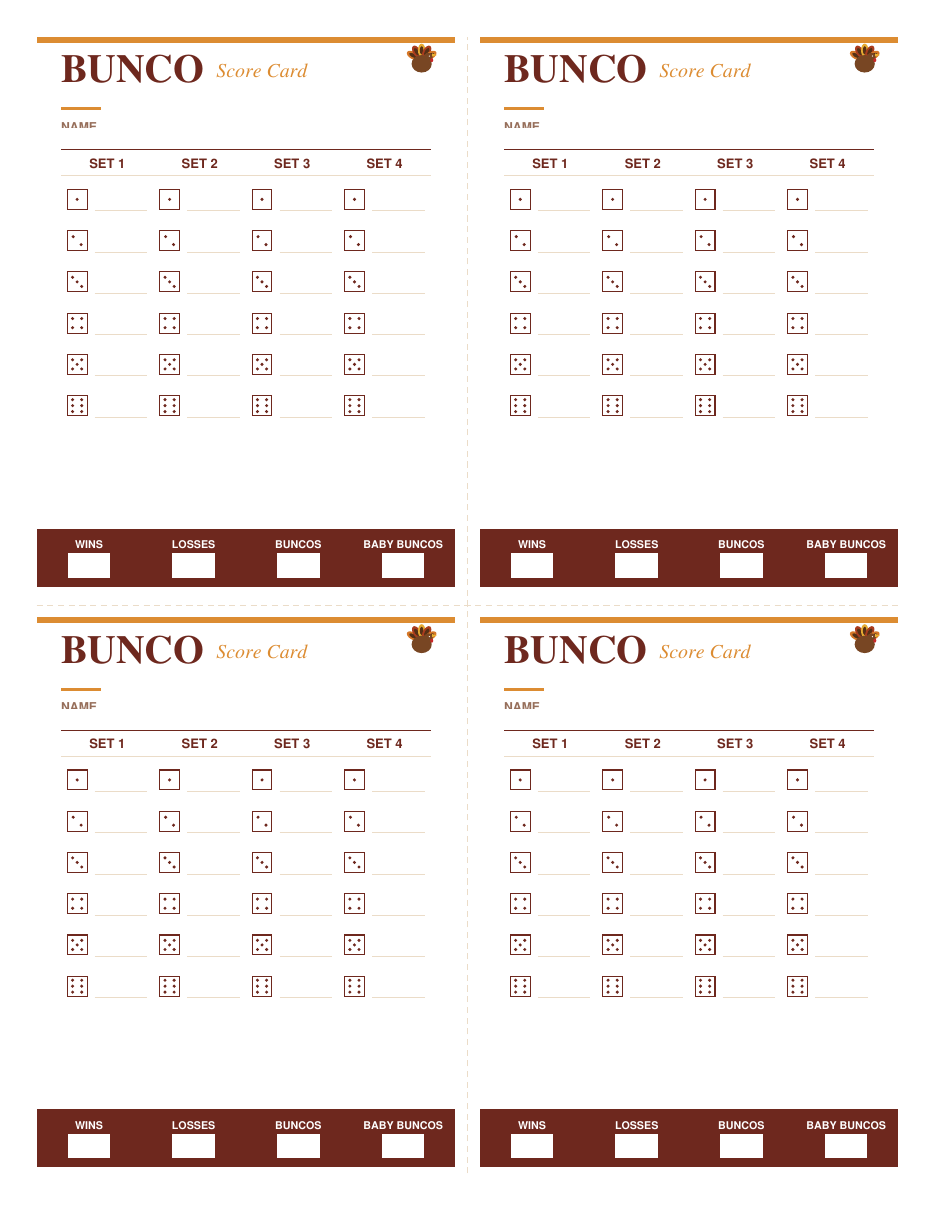 Thanksgiving bunco personal score card, four to a page, 4 sets by 6 rounds with dice icons and a Wins, Losses, BUNCOs, Baby BUNCOs tally bar, printed in cranberry brown and harvest gold with a turkey motif
