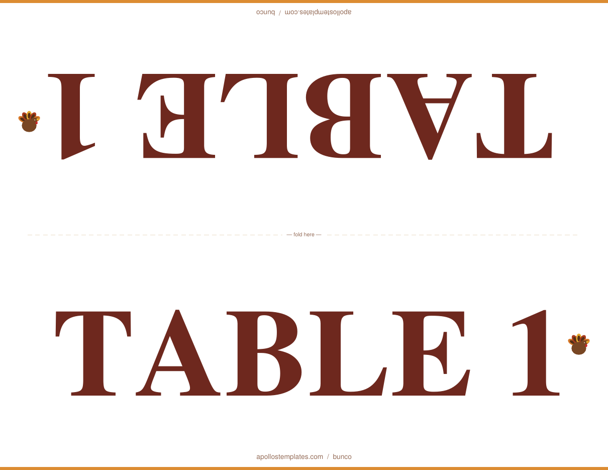 Thanksgiving bunco fold-in-half table tent reading TABLE 1, printed upside-down on the top half and upright on the bottom, printed in cranberry brown and harvest gold with a turkey motif