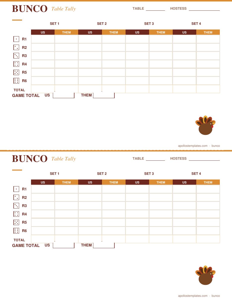 Thanksgiving bunco Us vs Them table tally, two per page, four sets by six rounds with set totals and a game total band, printed in cranberry brown and harvest gold with a turkey motif