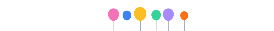 Balloons header: six round party balloons on strings in pink, blue, yellow, green, purple and orange