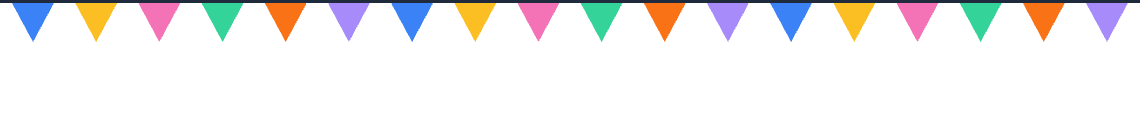 Bunting header: a string of triangular pennant flags in blue, yellow, pink, purple, green and orange