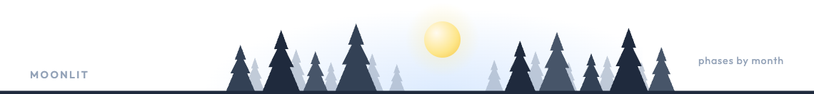 Moon over pines header: a golden moon over layered pine forest silhouettes in grey and navy