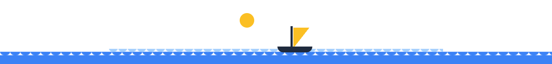 Sailing header: a sailboat with a yellow pennant on a striped blue sea, under a yellow sun