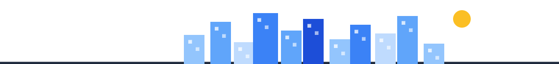 Skyline header: a row of blue city towers under a small yellow sun, on a dark baseline