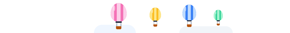 Up and away header: hot-air balloons in pink, yellow, blue and green drifting over soft clouds