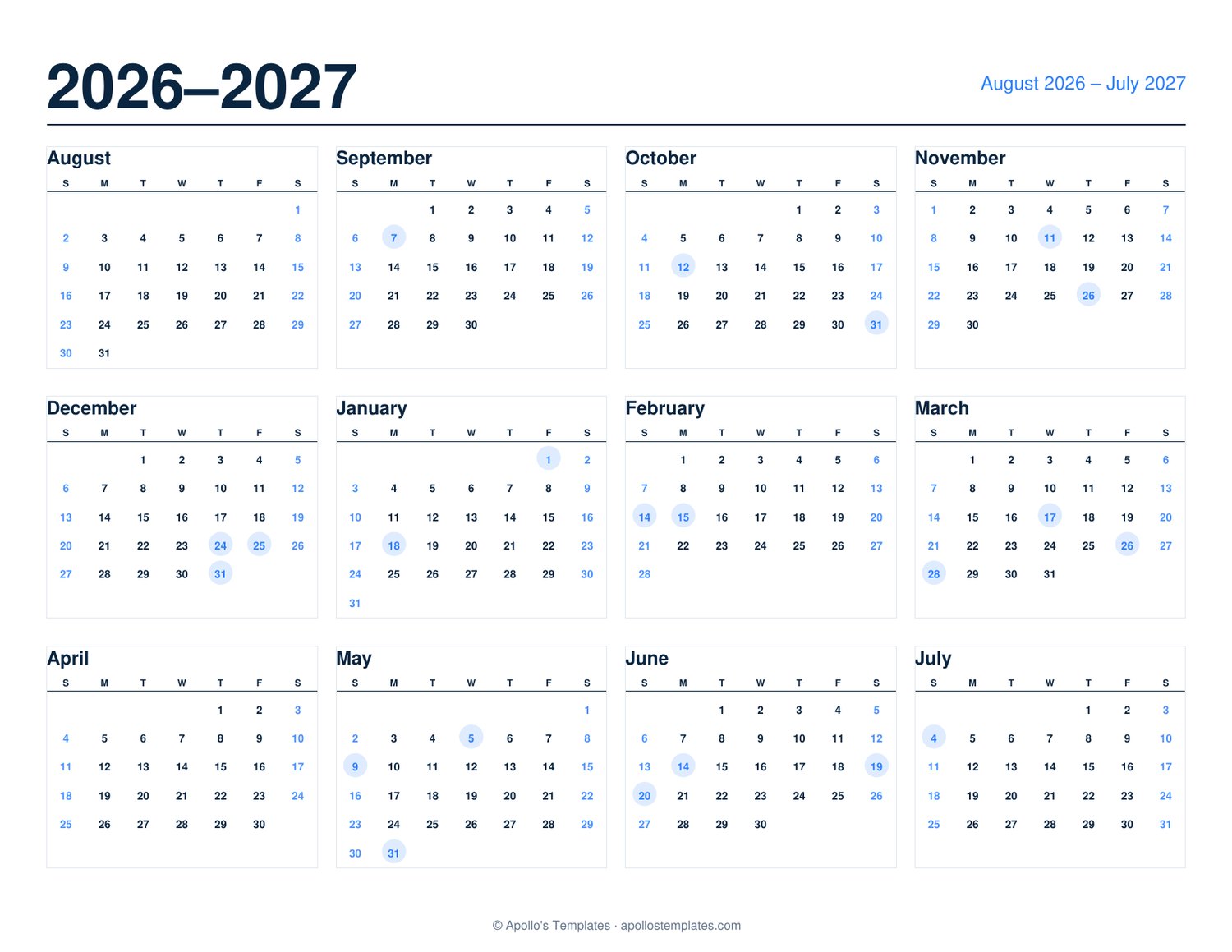 Academic year calendar from August 2026 to July 2027, twelve month grids on one page with holidays shaded