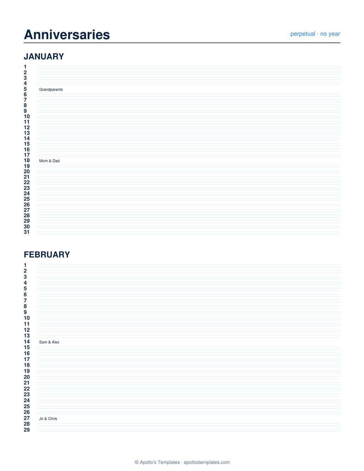 Perpetual anniversary calendar page for two months with wedding anniversaries printed beside their dates