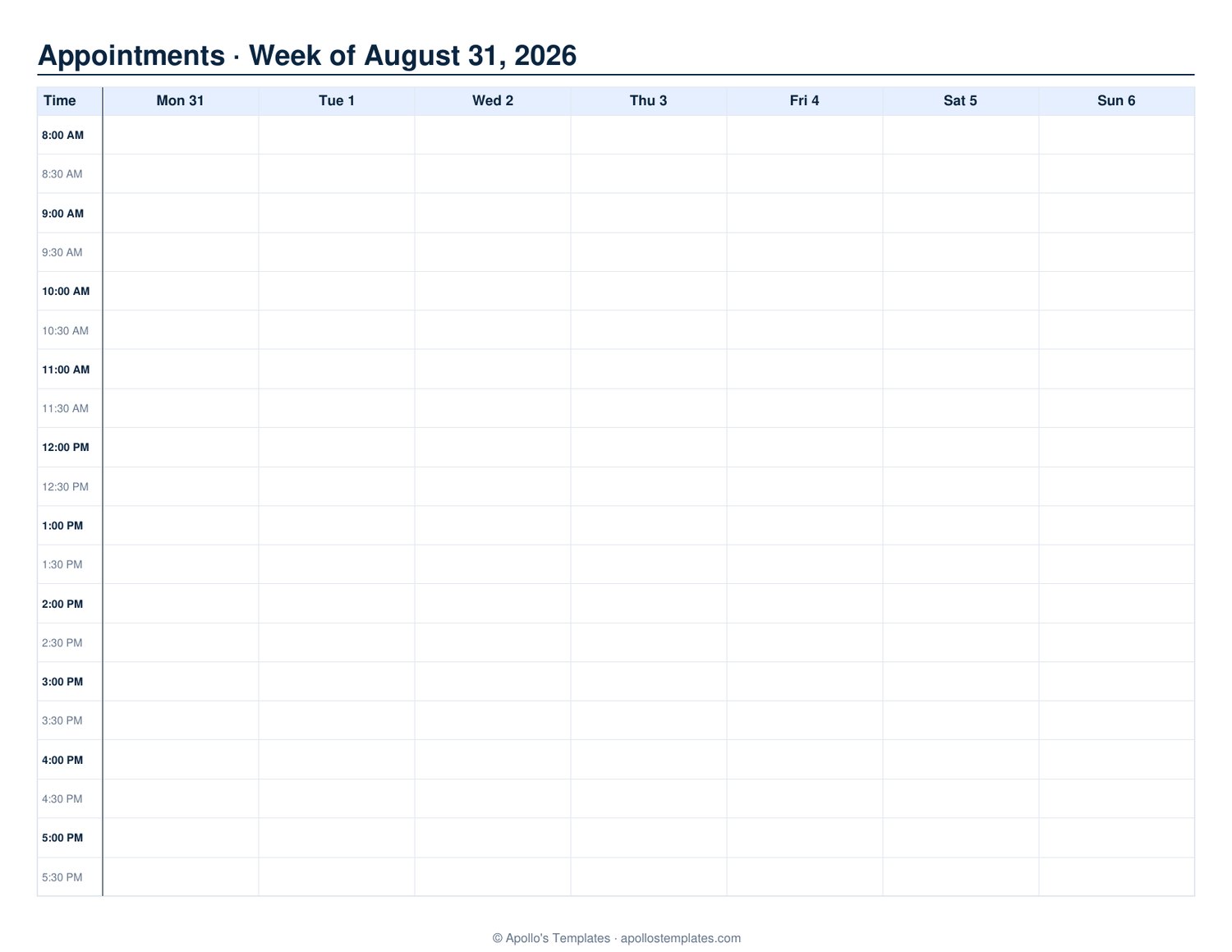 Weekly appointment book page with time slots every 30 minutes from 7am to 7pm down the left and a column for each day
