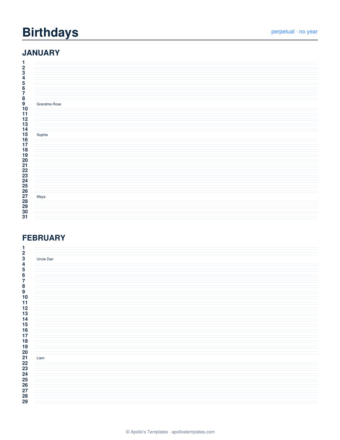 Perpetual birthday calendar page for January and February with names printed beside their birthday dates