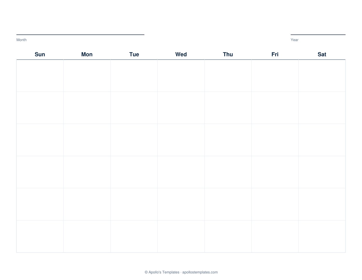 Blank monthly calendar template: day-of-week headers over an empty six-row grid with no dates filled in