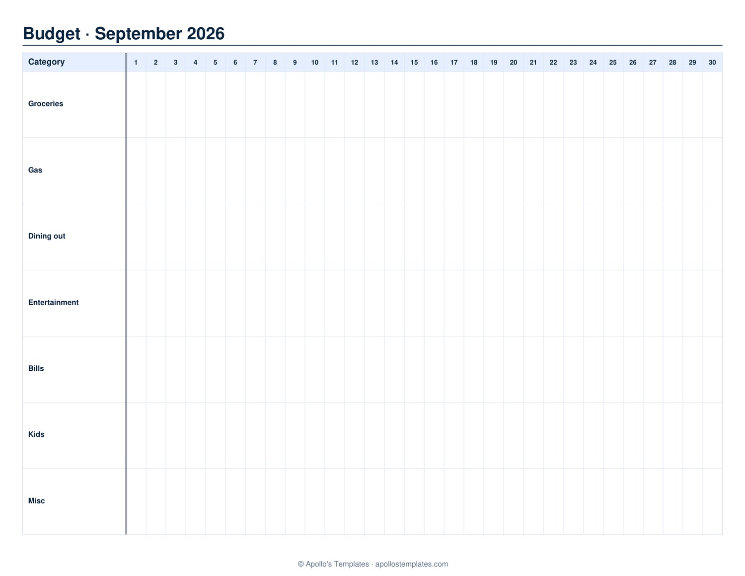 Monthly budget tracker for September 2026 with spending-category rows for groceries, gas, dining out and bills and a column for every day of the month