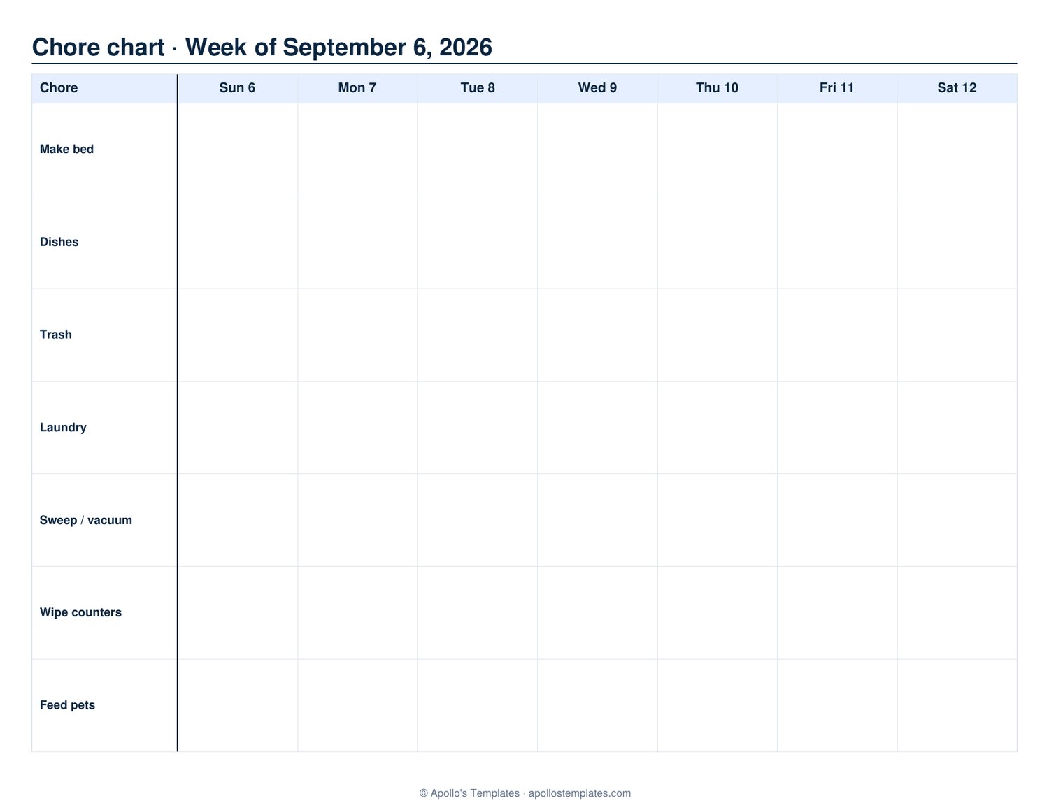 Weekly chore chart with a column of chores on the left and seven day-of-week checkbox columns