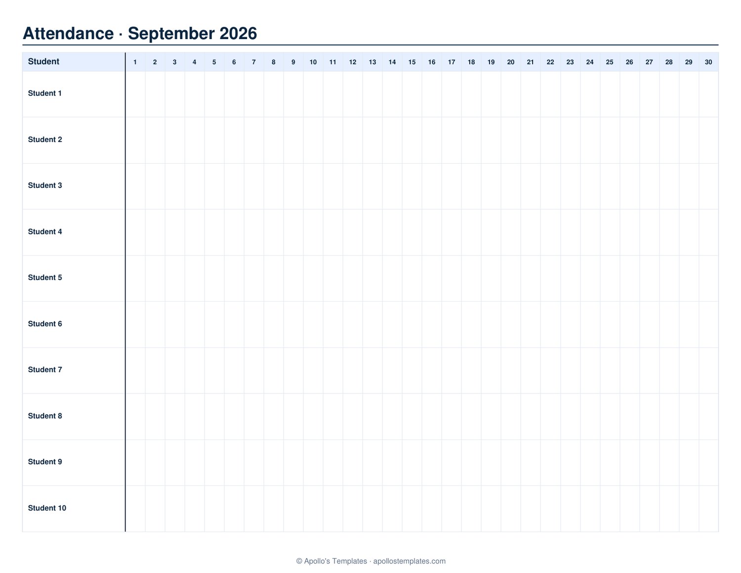 Monthly classroom attendance sheet with student rows down the left and a column for every school day in September 2026