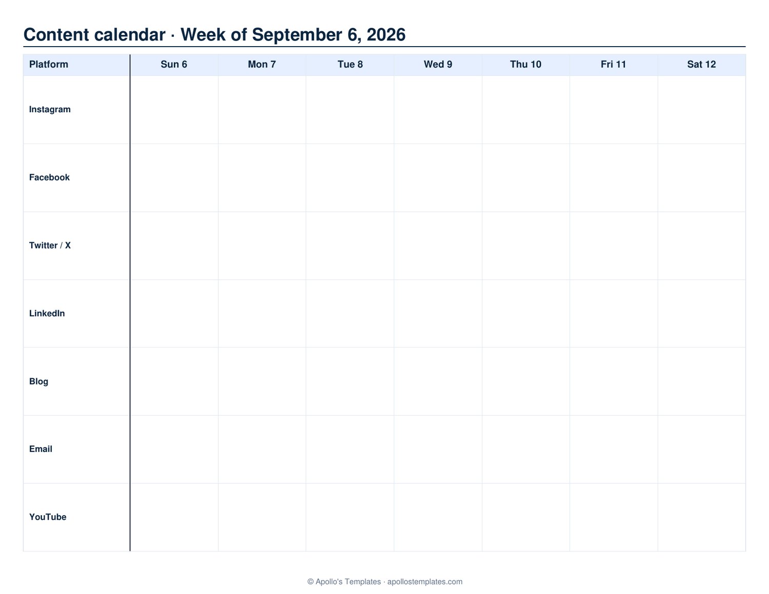 Weekly content calendar with social platforms listed down the left and a column for each day of the week