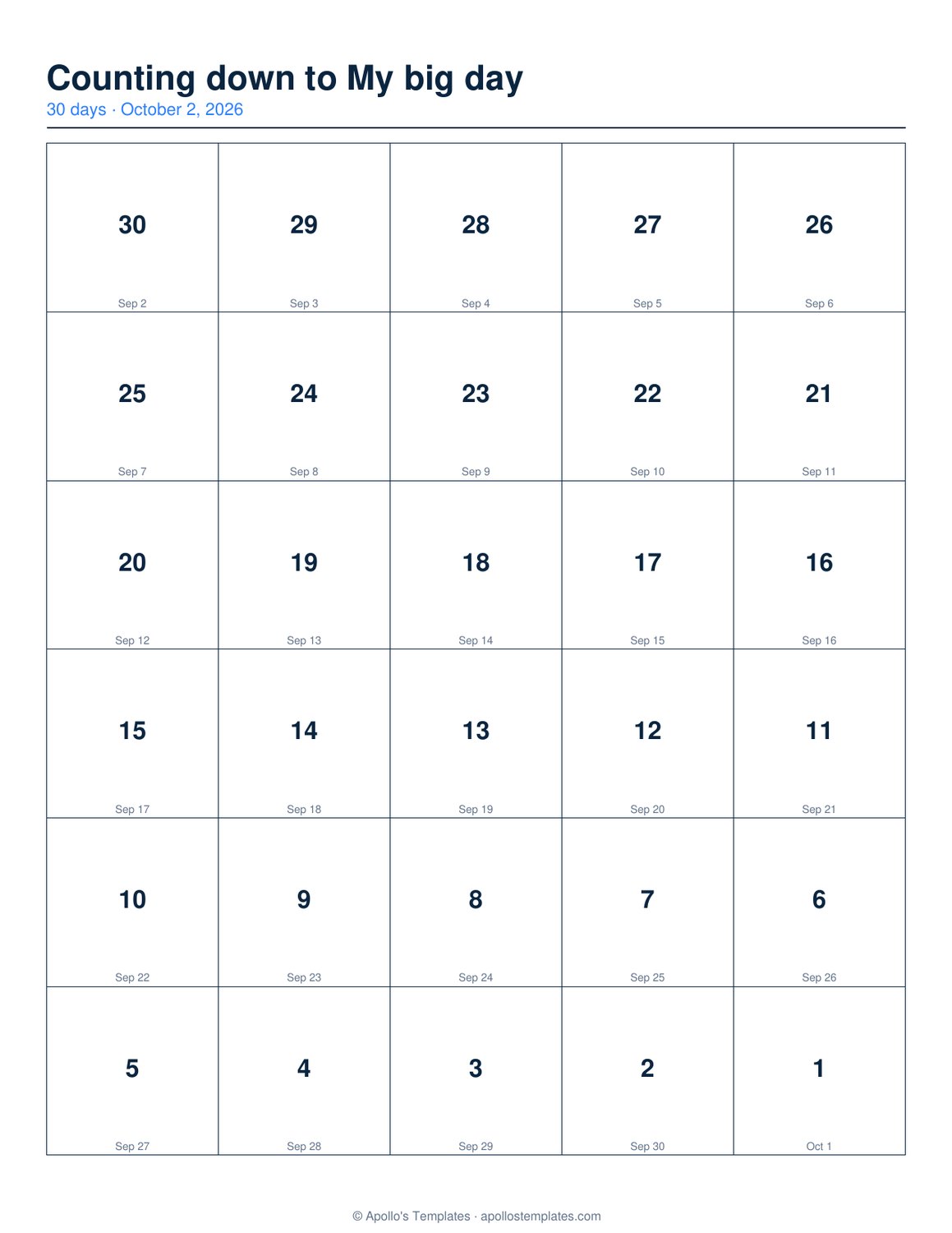 Countdown calendar with a grid of numbered boxes counting down the days to a chosen date