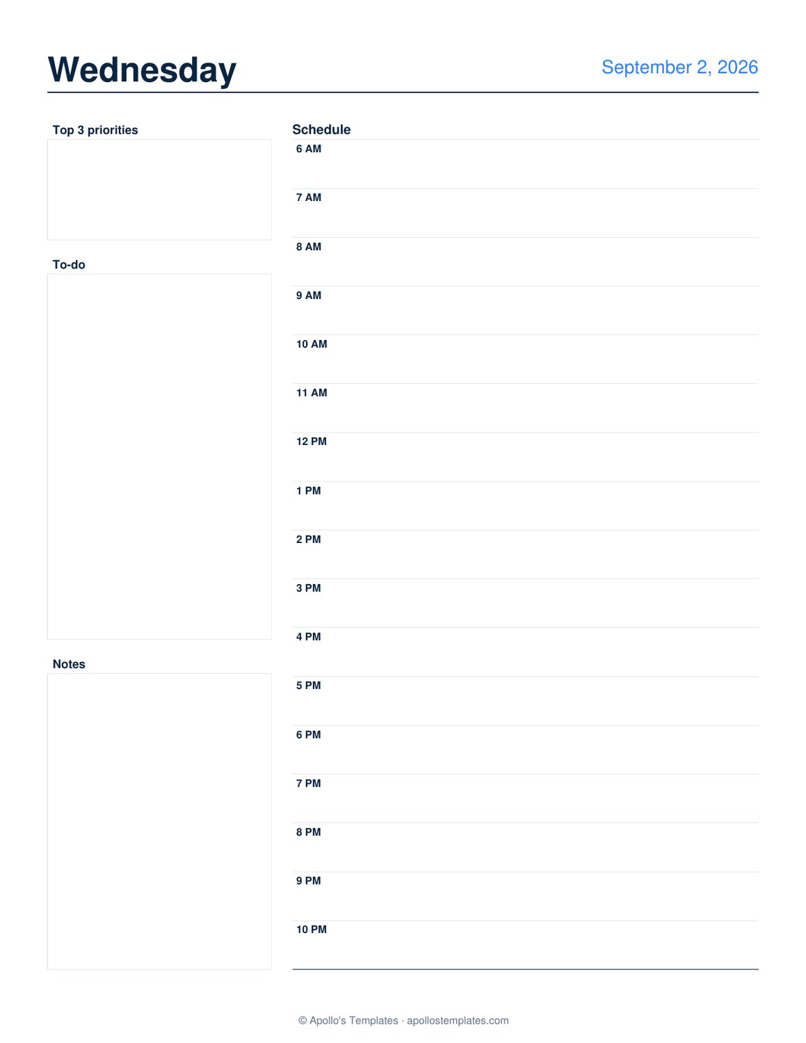 Daily planner page for a Wednesday with an hourly schedule column on the left and priorities, to-do and notes boxes