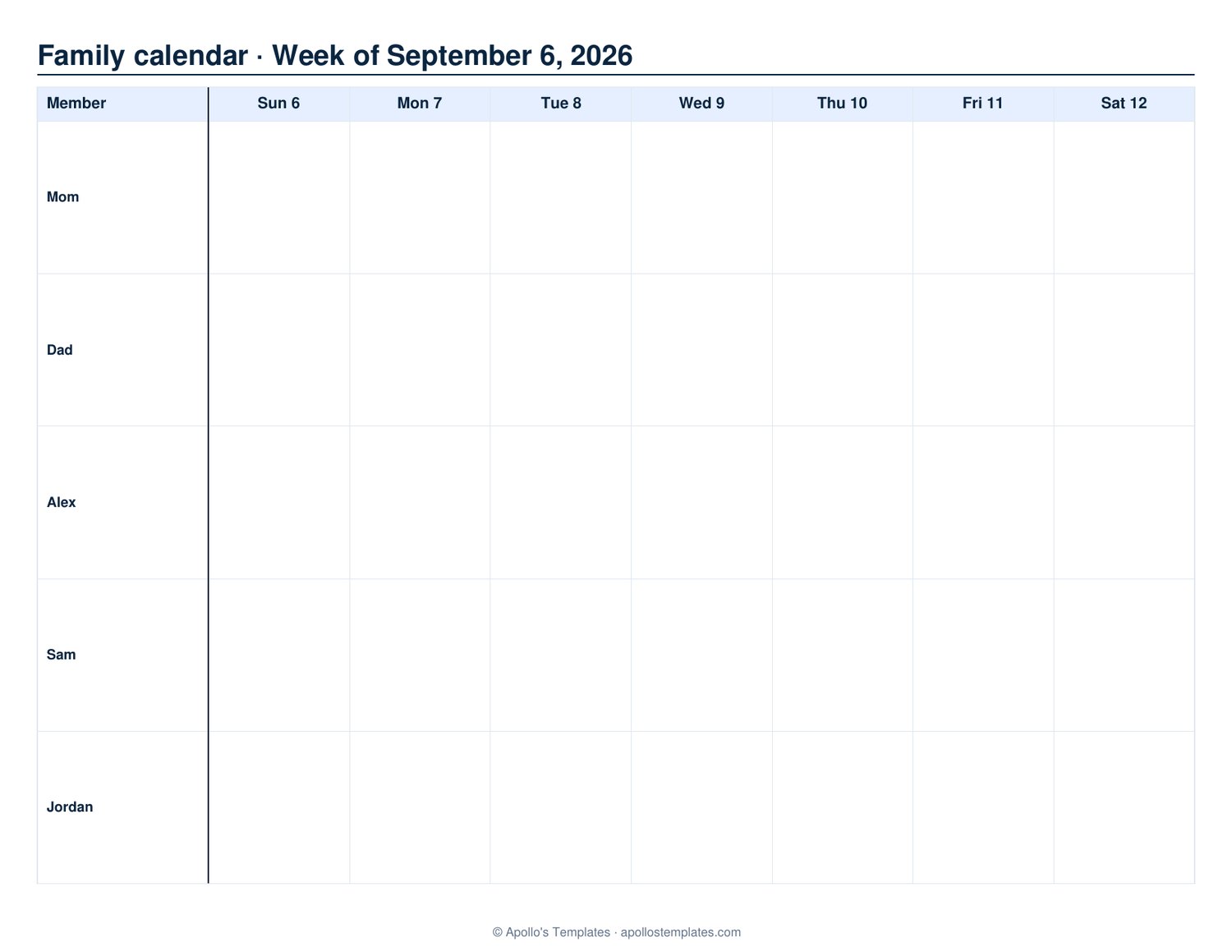 Weekly family calendar with a row for each family member and seven day columns for the week of September 6, 2026