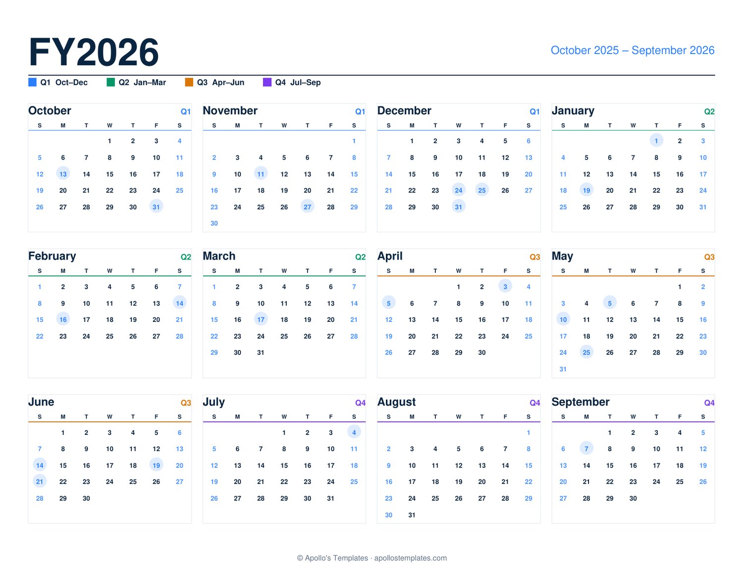 US fiscal year 2026 calendar, October 2025 through September 2026, twelve month grids on one page