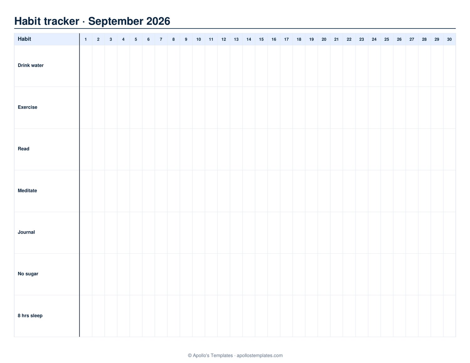Monthly habit tracker grid with habit rows down the left and a numbered column for each day of the month