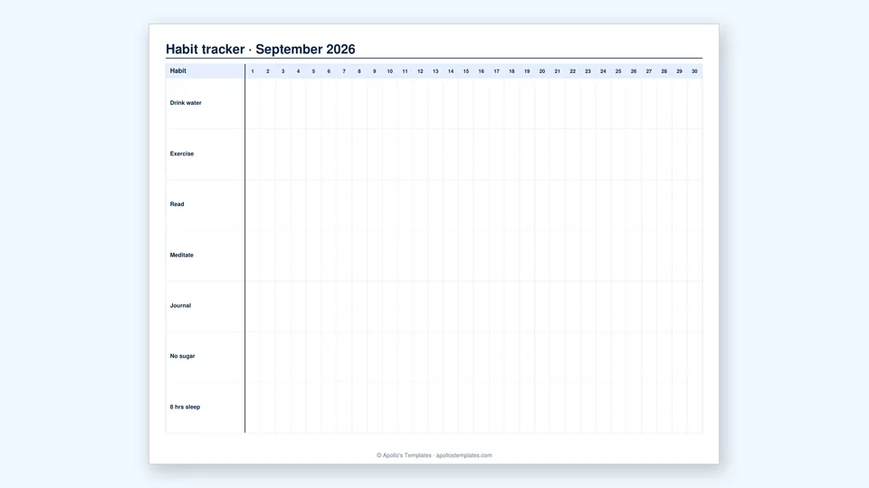 Monthly habit tracker grid with one row per habit and a column for every day of the month