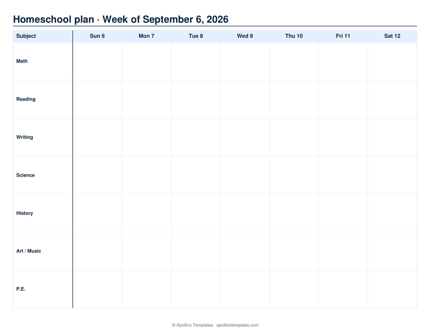 Homeschool weekly planner with subject rows down the left and Monday-to-Friday columns