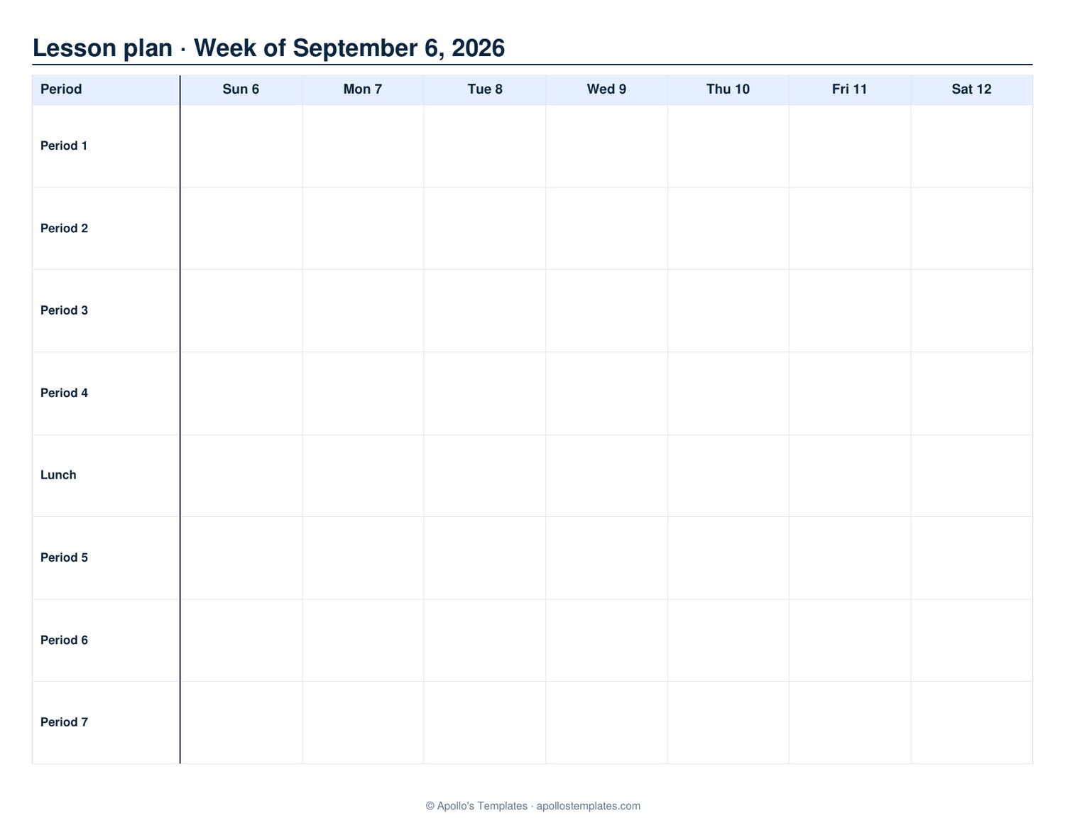 Weekly lesson plan sheet with class-period rows down the left and Monday-to-Friday columns