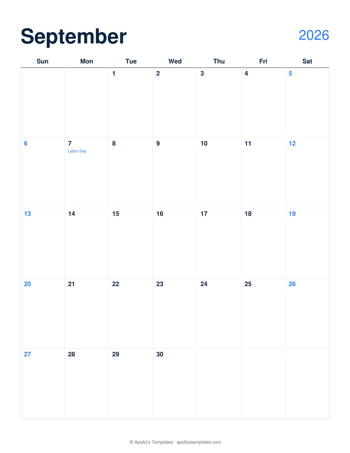 September 2026 monthly calendar with the dates filled in, Labor Day marked and an empty writable box in every date cell
