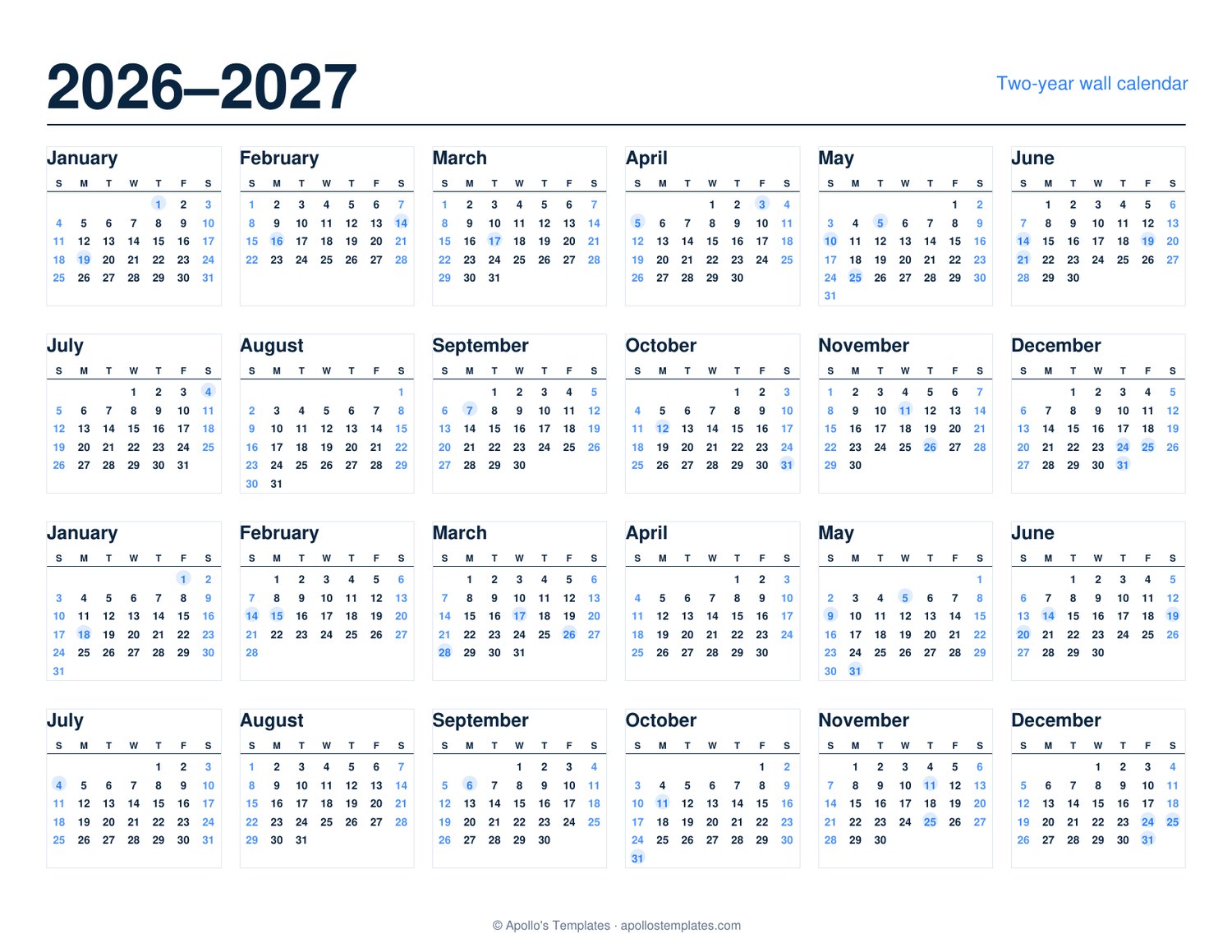 Two-year calendar with all twenty-four months of 2026 and 2027 on one landscape page