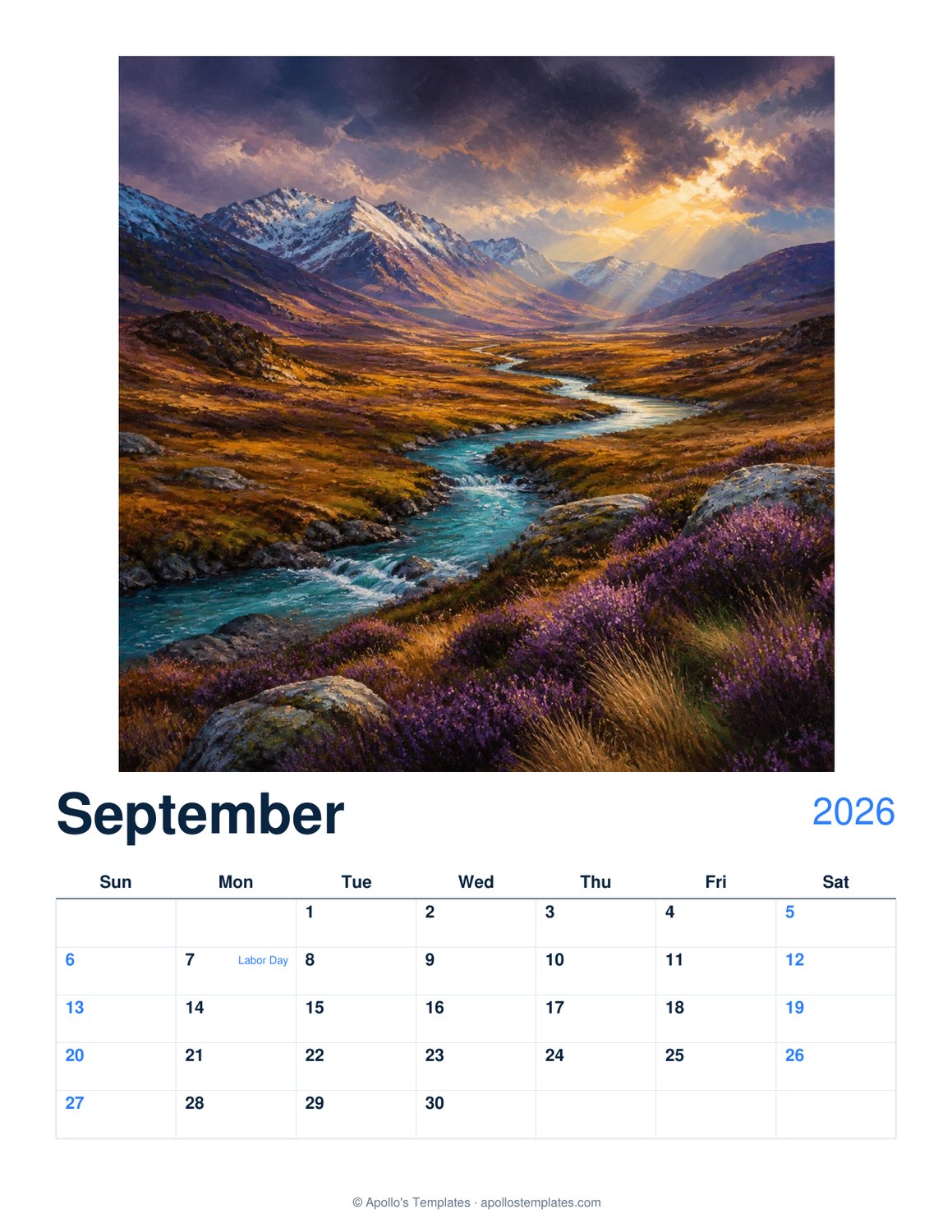 Monthly photo calendar with a large landscape photo of a mountain river above a September date grid