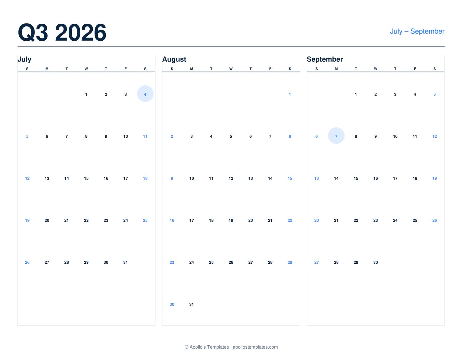 Quarterly calendar for Q3 2026 with July, August and September laid out side by side on one landscape page