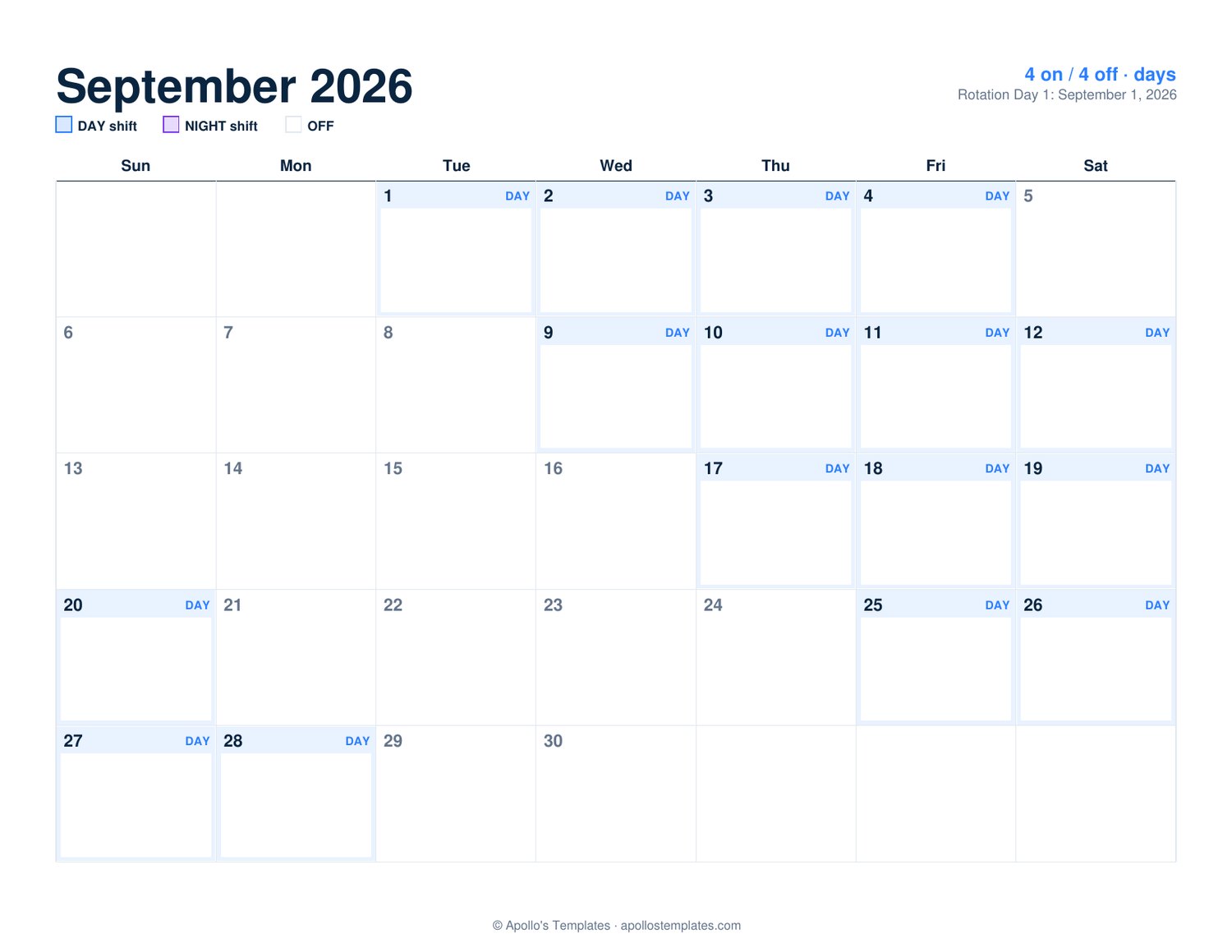 Shift work calendar for September 2026 with day, night and off shifts color-coded across the month grid