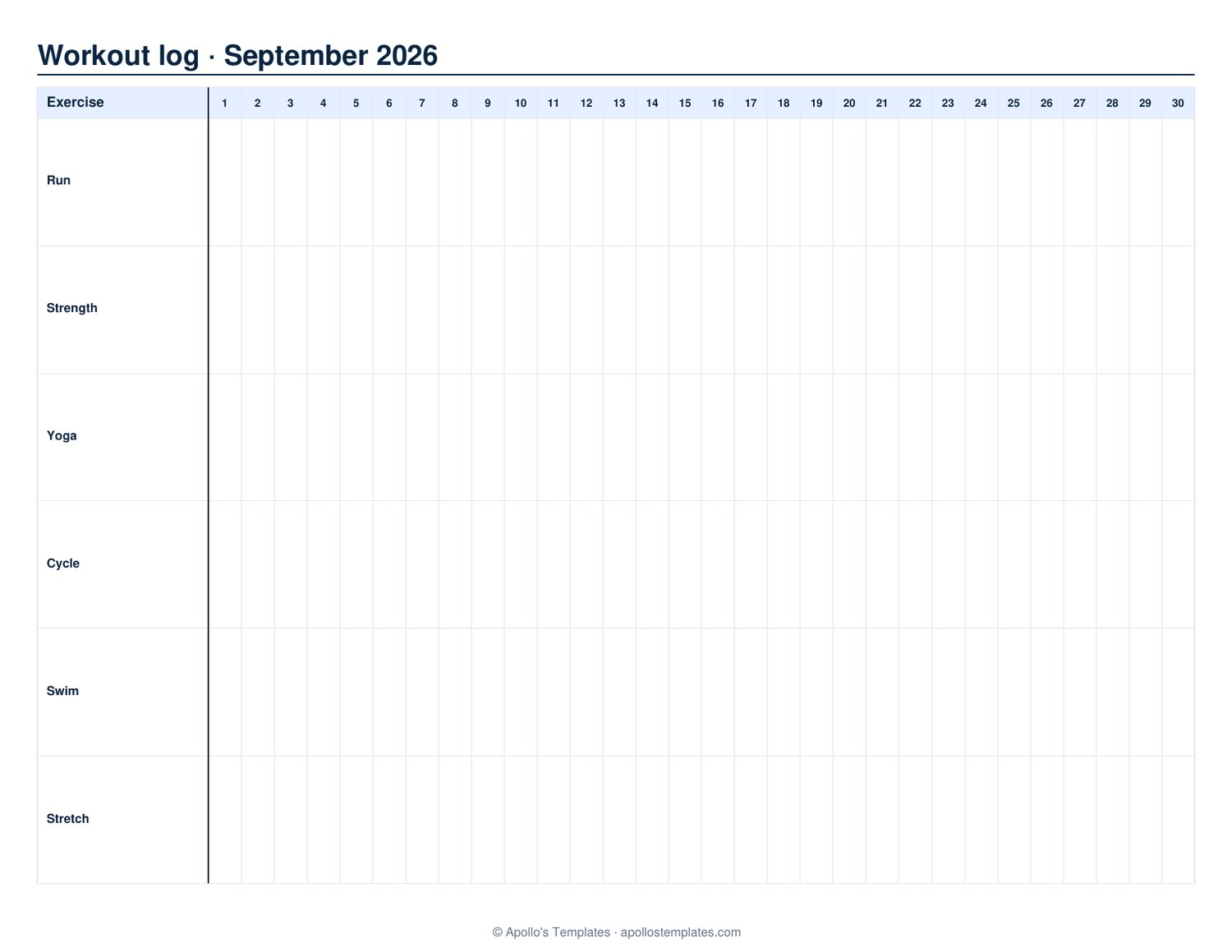 Monthly workout log with exercise rows down the left and a column for every day of September 2026