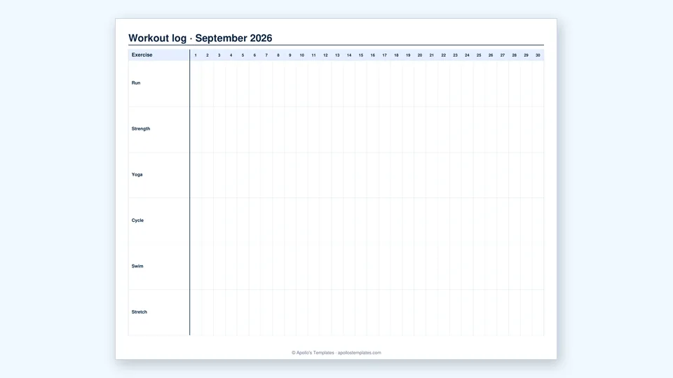 Monthly workout tracker with exercise rows and daily columns for logging reps or checkmarks