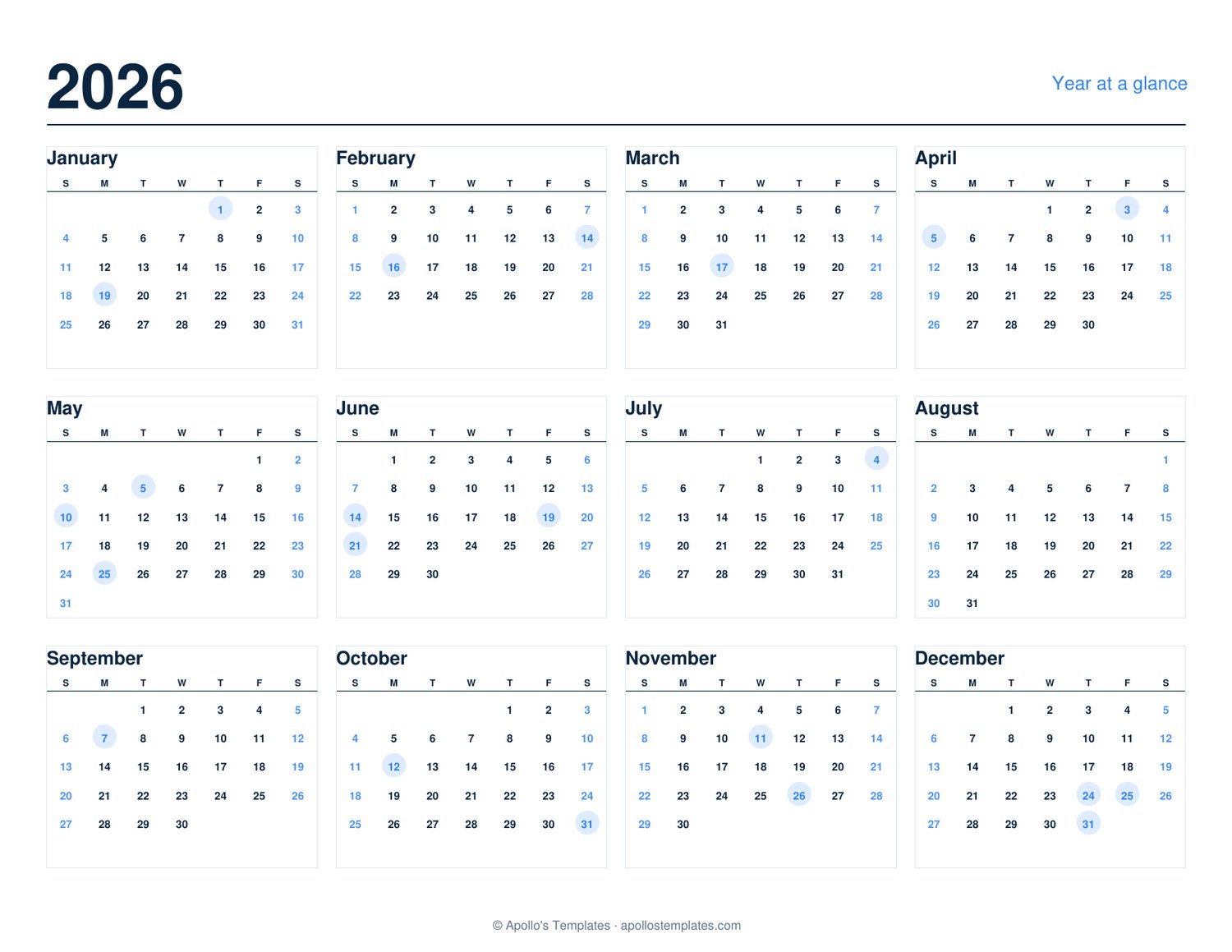 Year-at-a-glance calendar for 2026: twelve small month grids arranged on one page with US holidays shaded