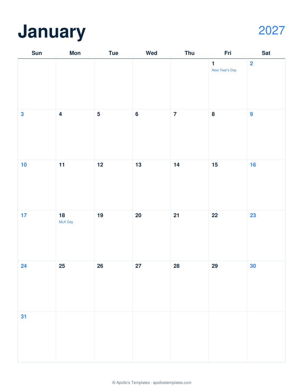 January page of a yearly event calendar: a full month grid with US holidays marked and a fillable box in every date