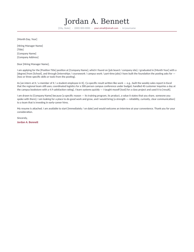Entry-Level — Classic Currant cover letter template — the timeless centered letterhead in currant with the entry-level letter