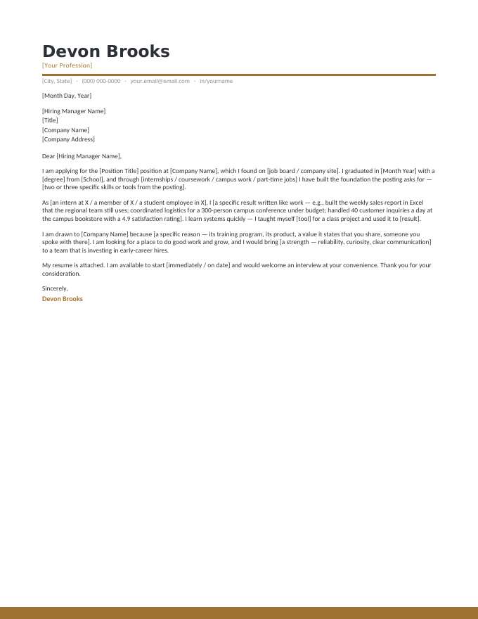 Entry-Level — Contemporary Dune cover letter template — a left-aligned contemporary header in dune with the entry-level letter