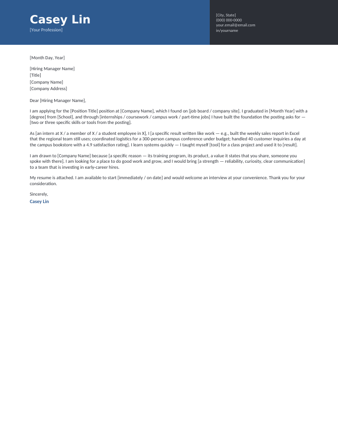 Entry-Level — Twotone Denim cover letter template — a two-tone split header in denim with the entry-level letter