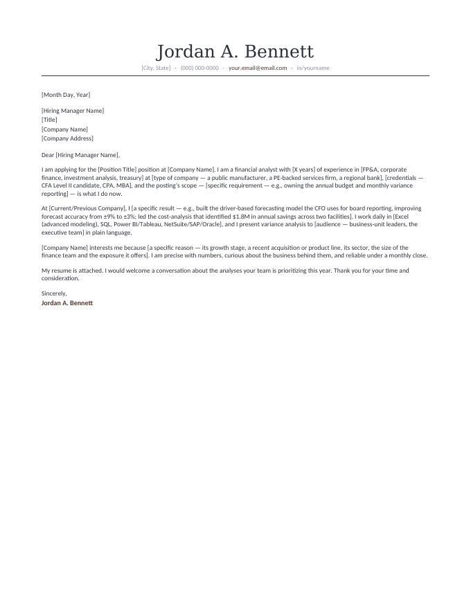Financial Analyst — Classic Espresso cover letter template — the timeless centered letterhead in espresso with the financial analyst letter