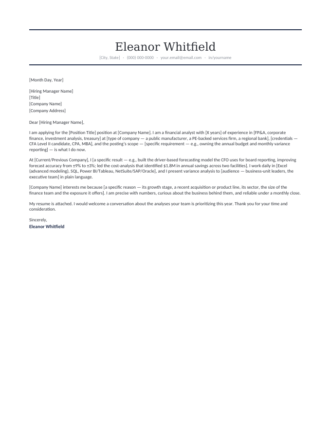 Financial Analyst — Formal Ink cover letter template — the formal ruled letterhead in ink with the financial analyst letter