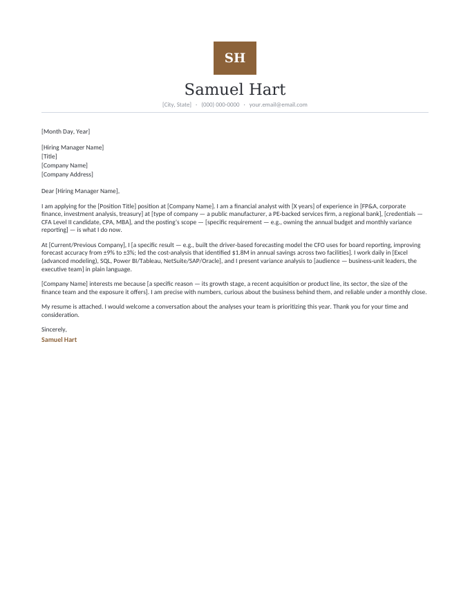 Financial Analyst — Monogram Bronze cover letter template — the initials-emblem letterhead in bronze with the financial analyst letter