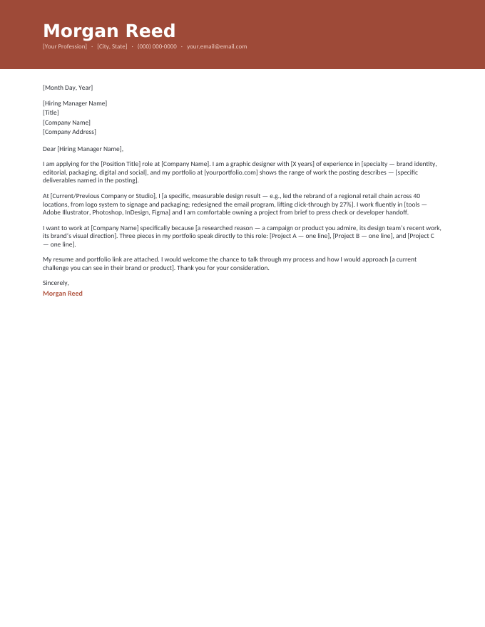 Graphic Designer — Banner Coral cover letter template — a full-width color name banner in coral with the graphic designer letter