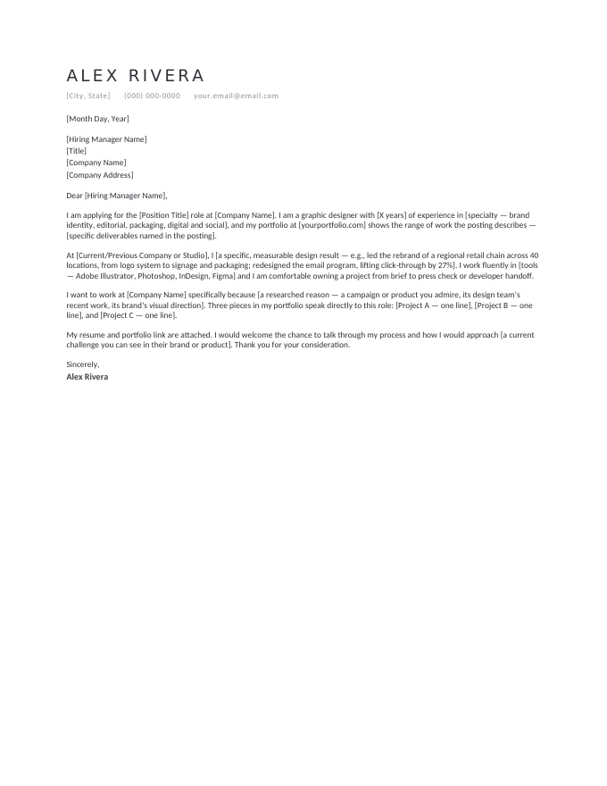 Graphic Designer — Minimalist Charcoal cover letter template — a minimalist single-rule header in charcoal with the graphic designer letter