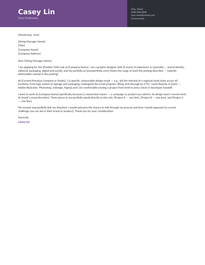 Graphic Designer — Twotone Amethyst cover letter template — a two-tone split header in amethyst with the graphic designer letter