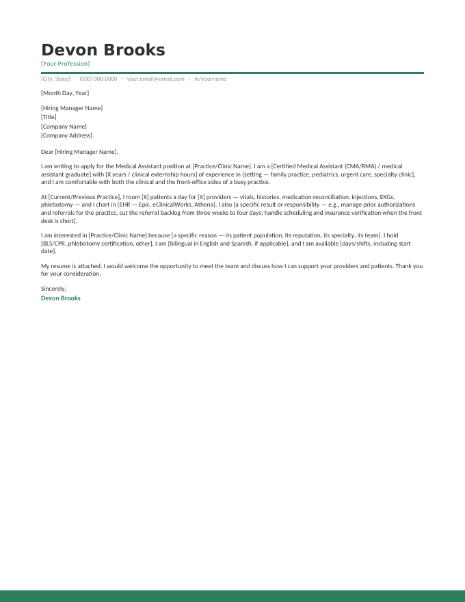 Medical Assistant — Contemporary Jade cover letter template — a left-aligned contemporary header in jade with the medical assistant letter